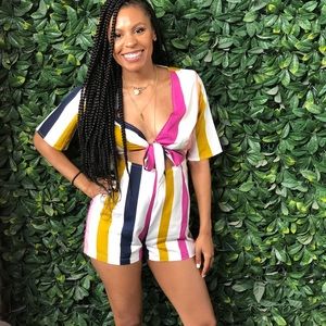 Colorful shorts romper with tie detail